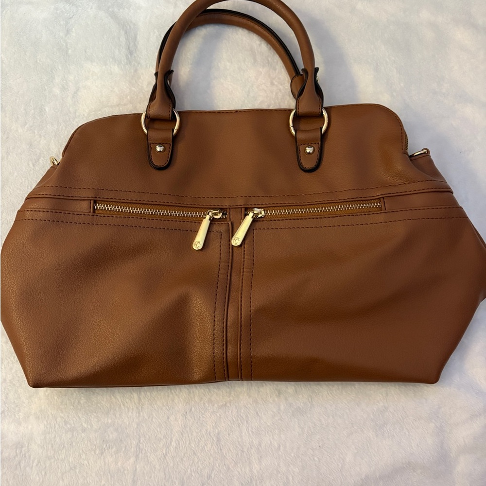 Charming Charlie Brown Satchel with Gold Accents